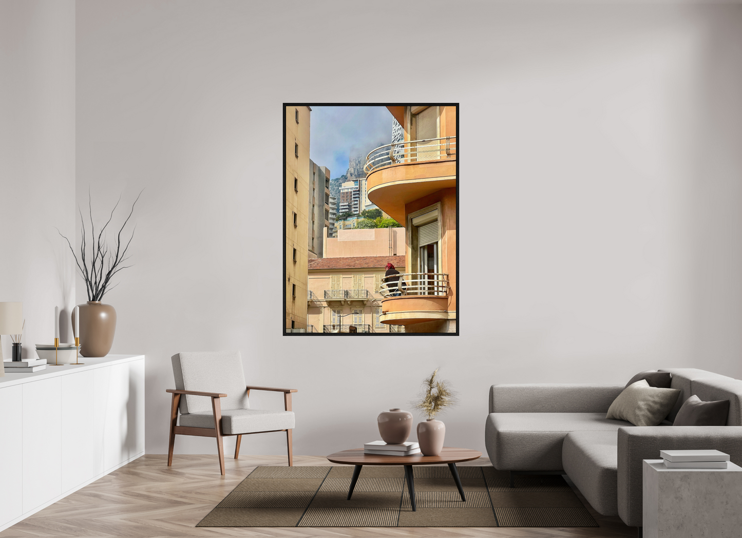 Wood floater frame acrylic glass photo print of apartment balconies