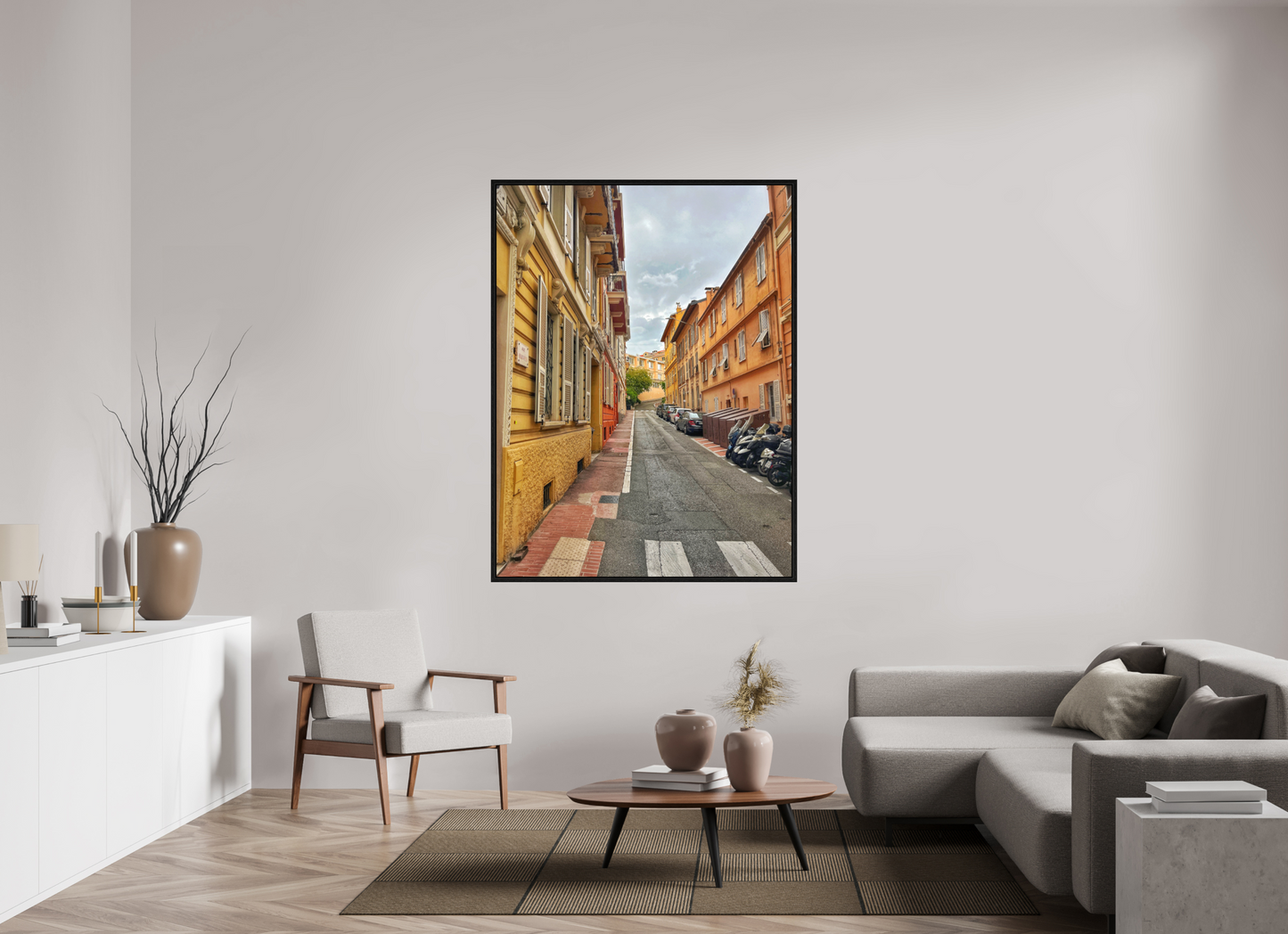Framed street photo print under acrylic glass, showing an alley with parked cars