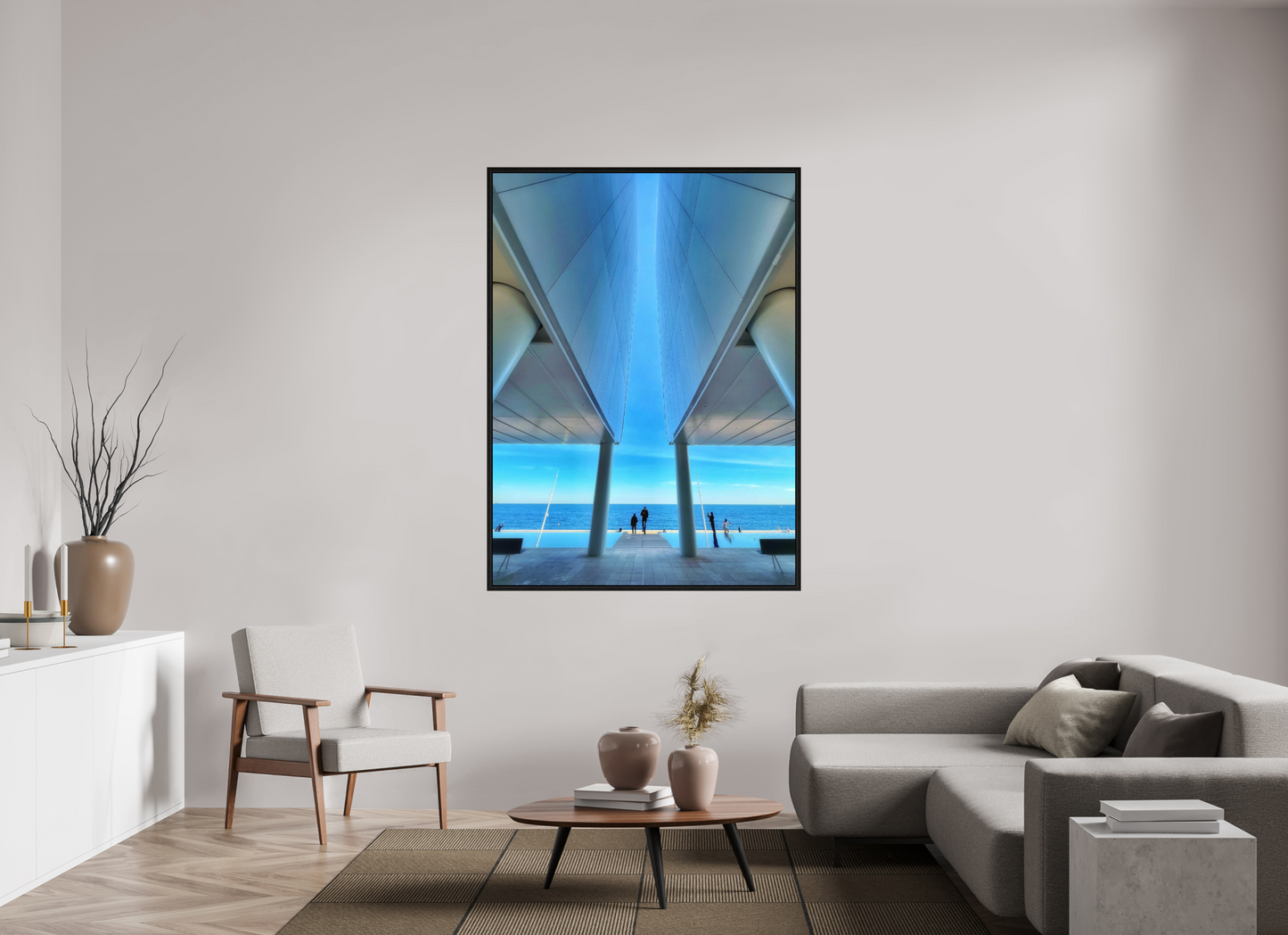 Mareterra framed acrylic photo print with blue waterfront view and structural pillars