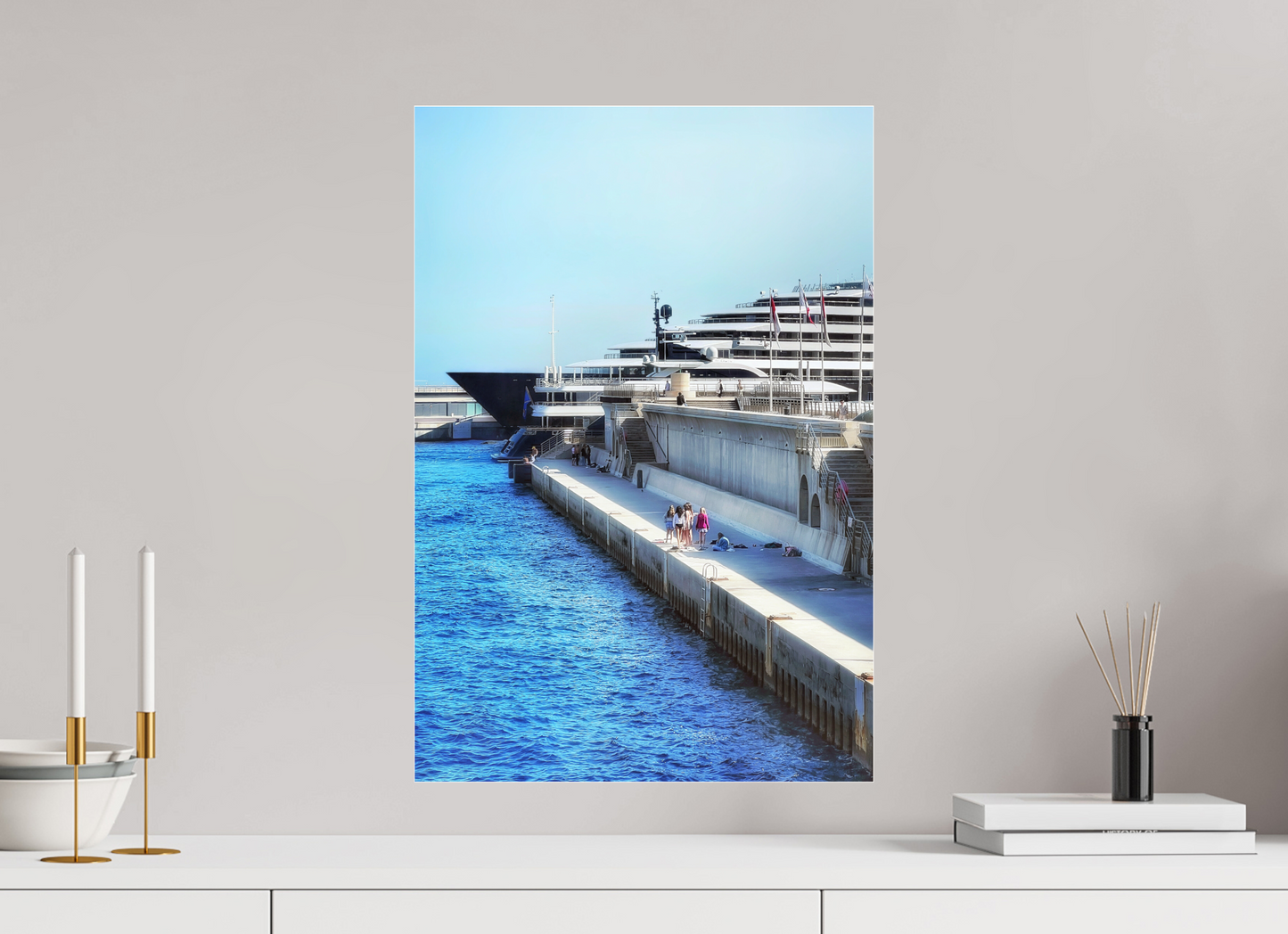 Framed vertical photo print with blue harbor water and multi-level ship decks