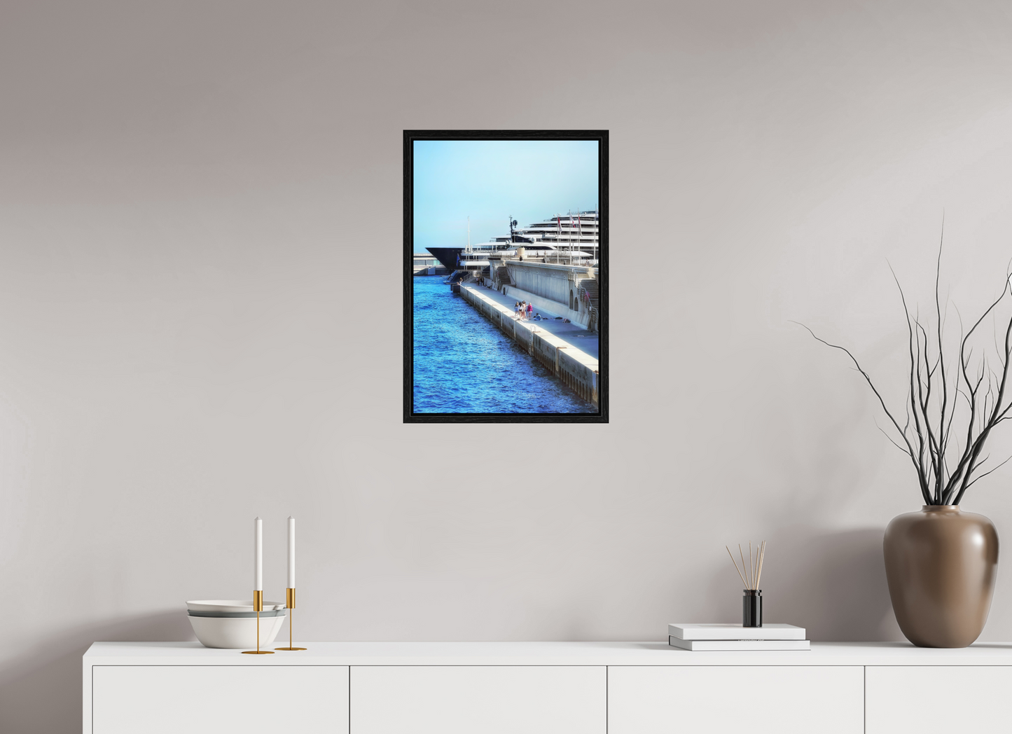 Framed harbor print under acrylic glass, blue water and cruise dock view, dark frame.