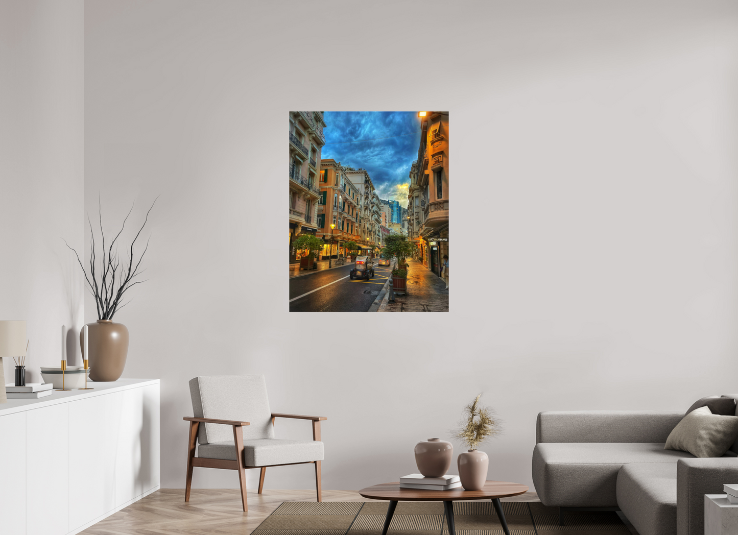 Framed city street photo in acrylic glass, evening street with warm highlights