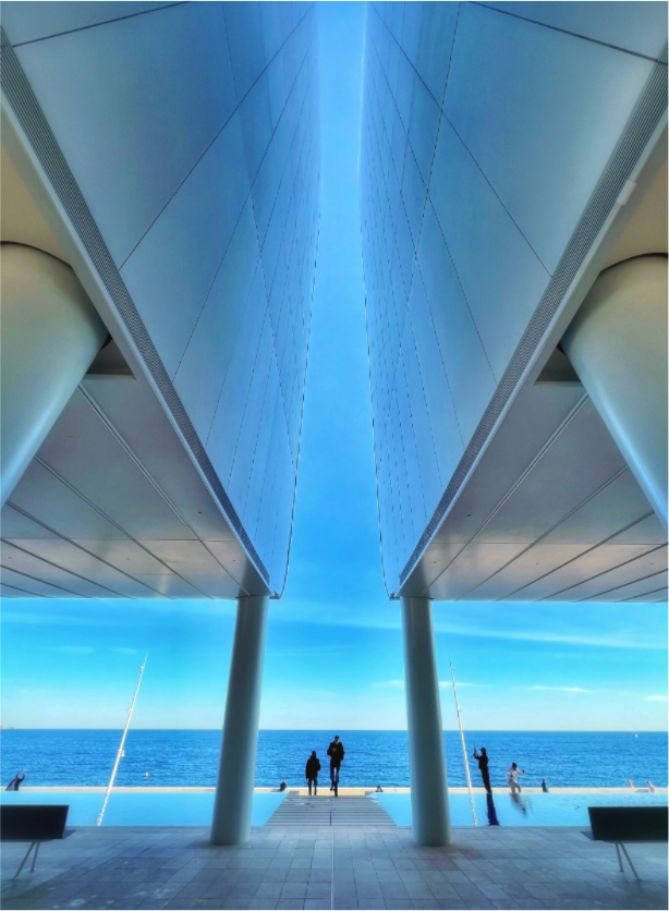 Mareterra acrylic photo print close-up of blue architectural ceiling beams