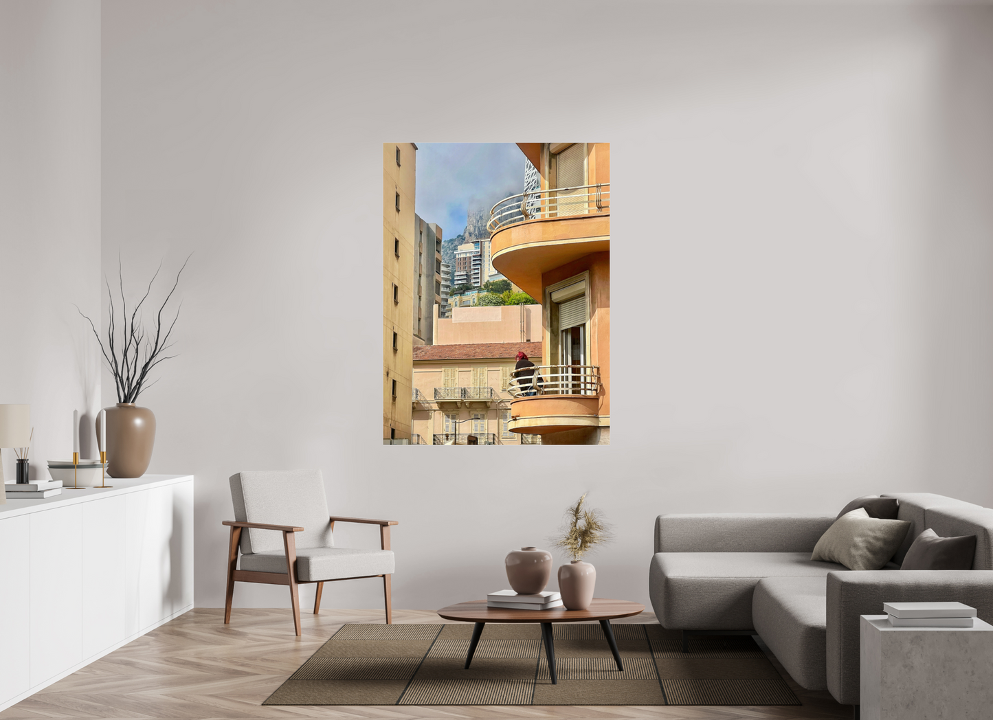 Wood floater frame acrylic glass photo print of apartment facade and balcony railings