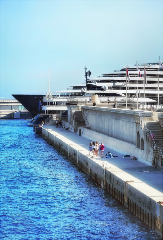 Vertical photo print of blue harbor water beside a cruise terminal dock