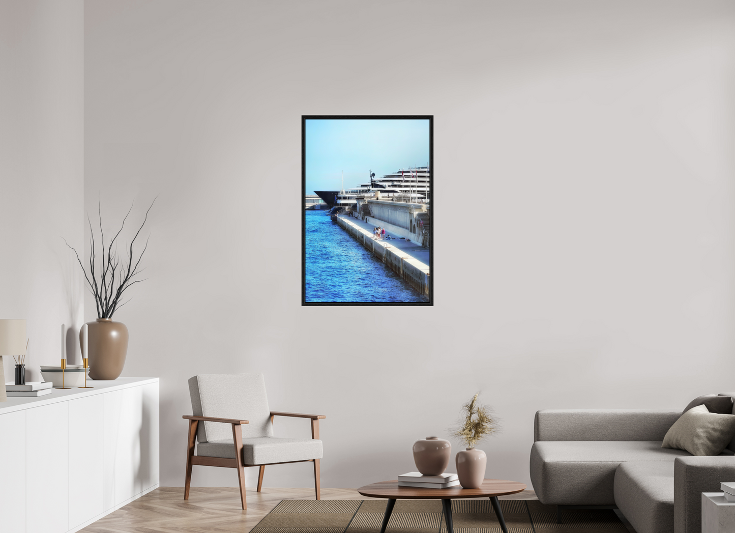 Framed harbor photo under acrylic glass, blue water and cruise ship dock, dark frame.