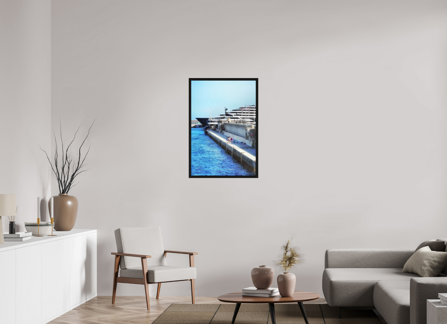 Framed harbor photo under acrylic glass, narrow blue waterway by cruise dock, dark frame.