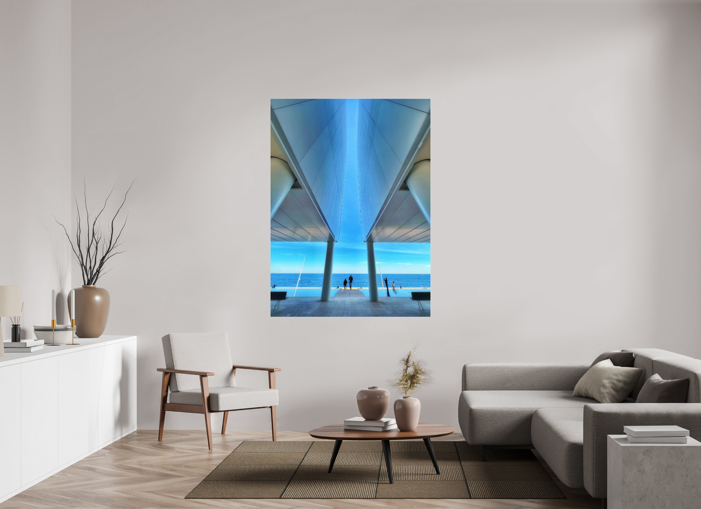 Mareterra framed acrylic photo print with blue ocean horizon and column silhouettes