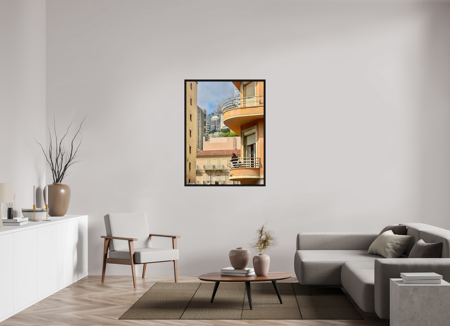 Acrylic-glass urban photo in black floater frame, balconies and windows over street