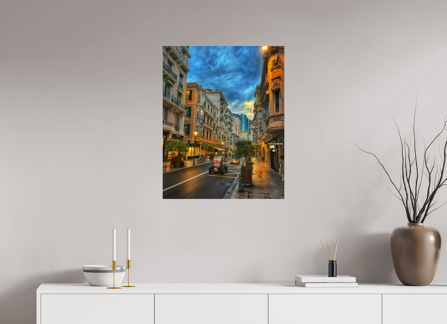 Wall-mounted city street photo in acrylic glass floater frame, narrow street perspective