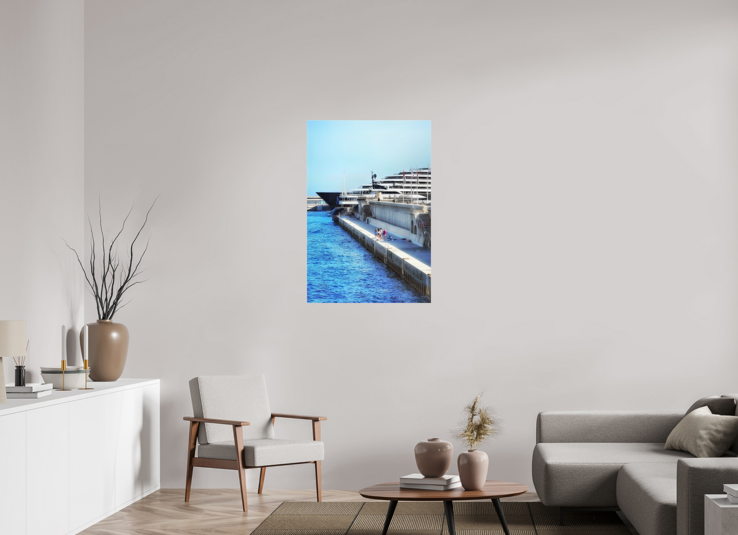 Framed vertical photo print with blue water and a lined cruise ship pier