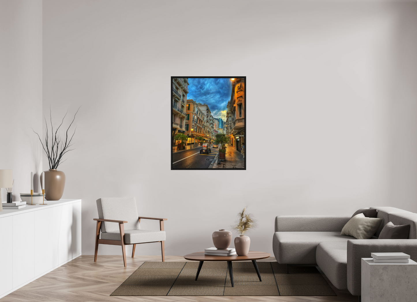 Framed city street photo print under acrylic glass with black floater frame, blue-and-gold sky