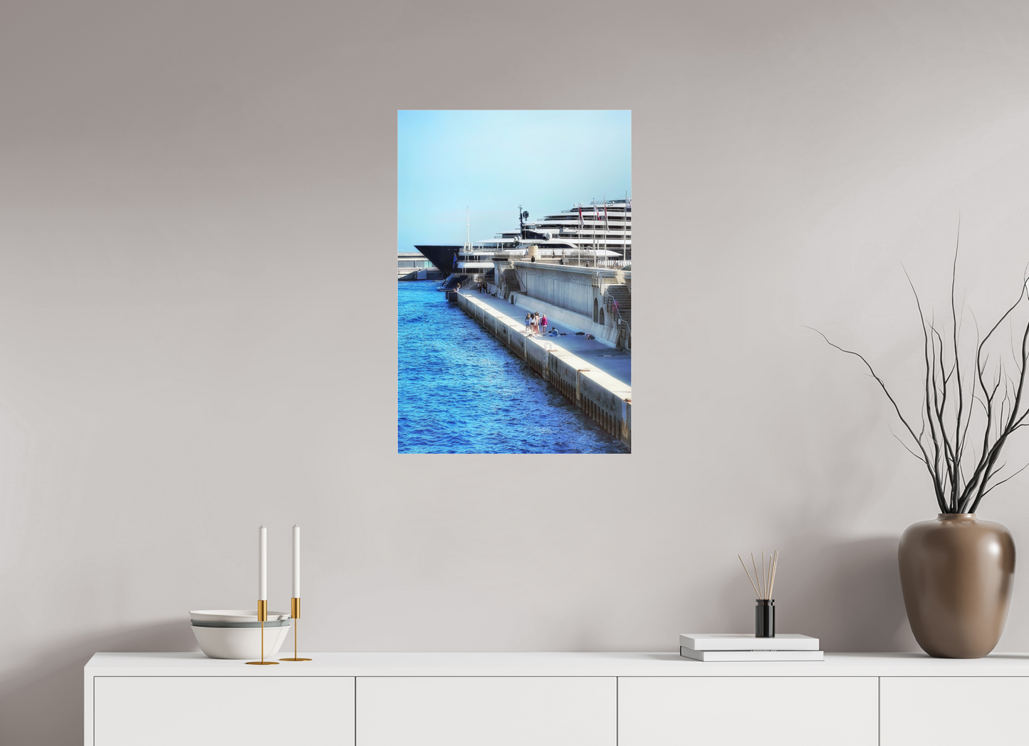 Framed vertical photo print showing blue water beside a cruise terminal walkway