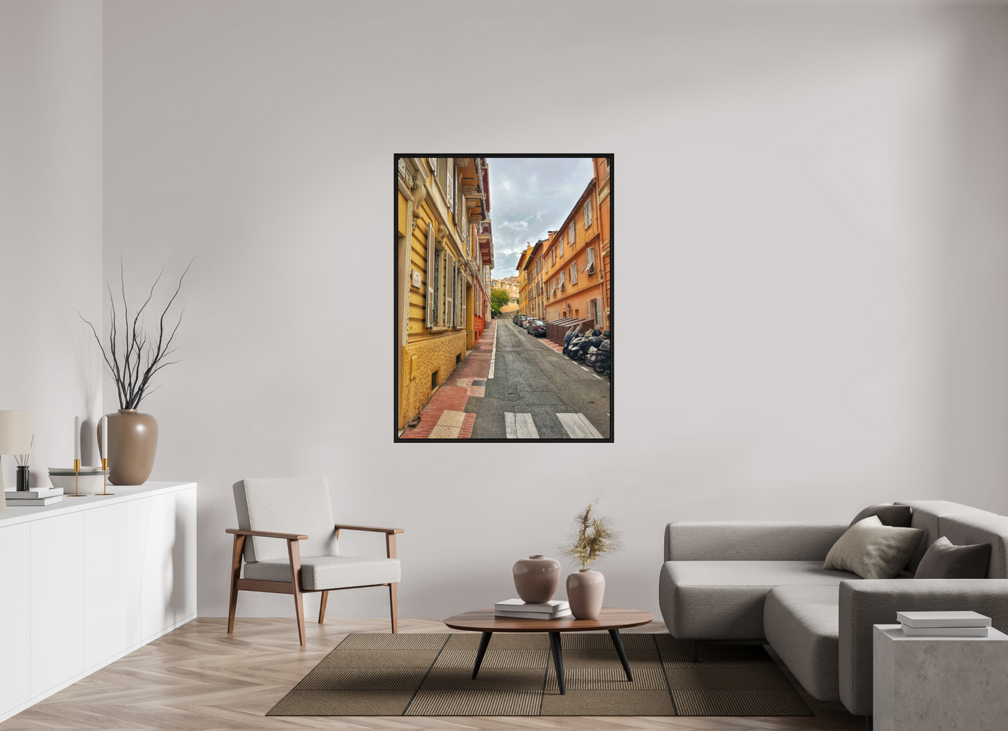 Framed square street photo print with brick buildings and a road leading into the distance