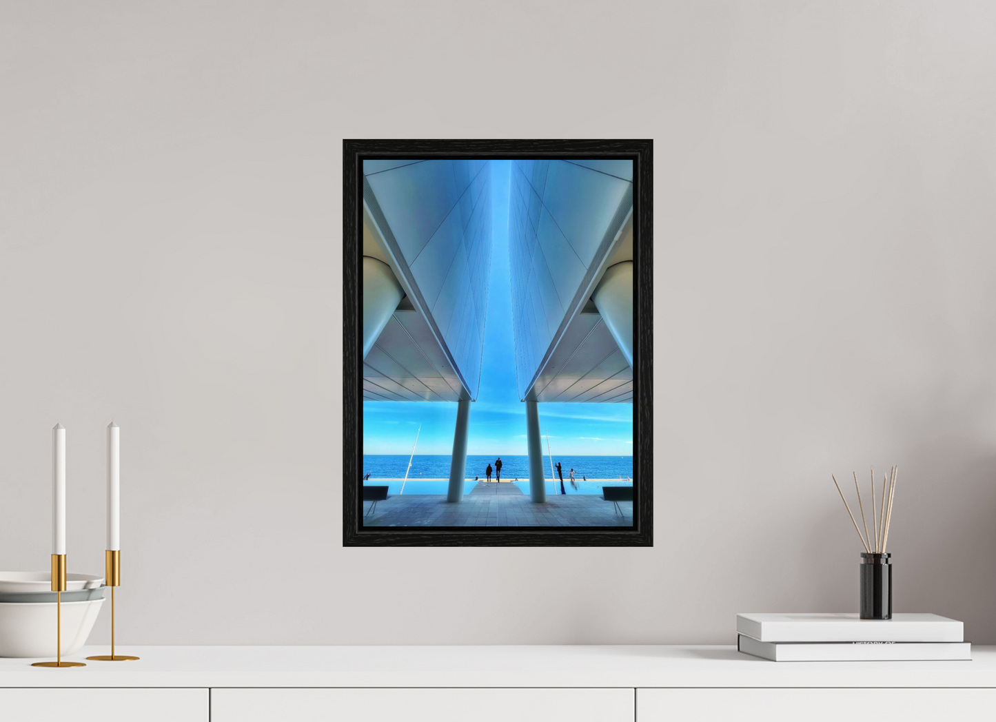 Square framed wall photo print under acrylic glass, black frame, blue geometry and sea