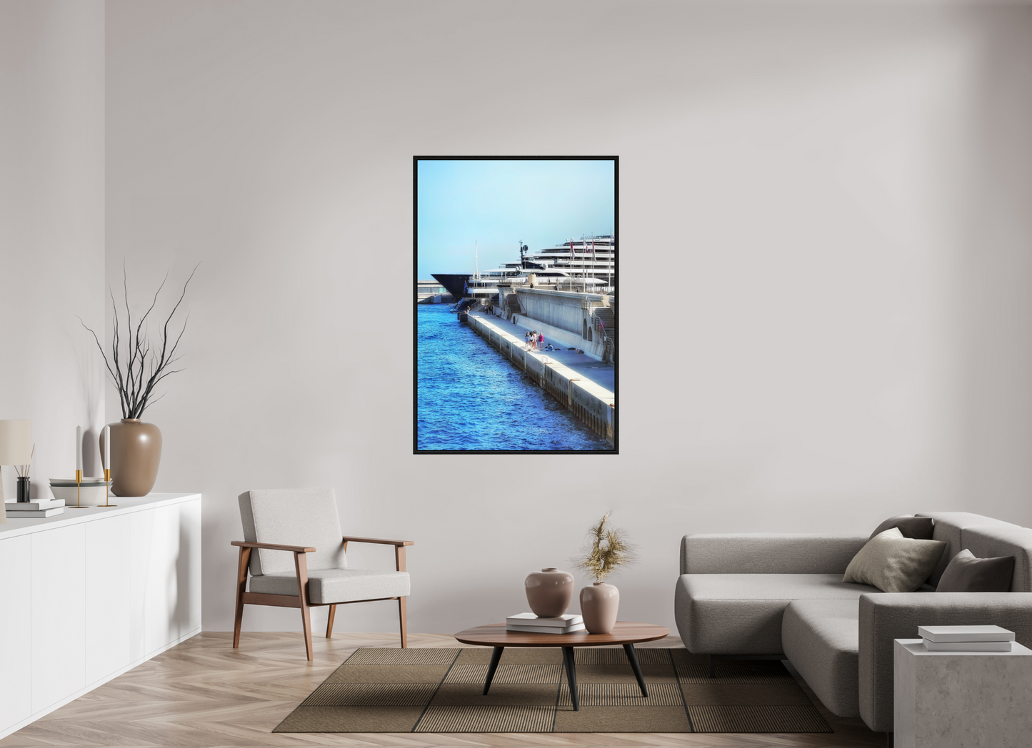 Framed harbor photo under acrylic glass, blue canal leading past cruise dock, dark frame.
