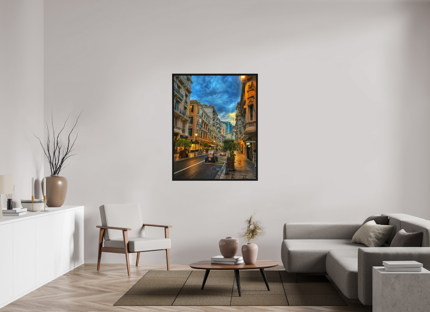 Framed narrow street photo print under acrylic glass, black floater frame