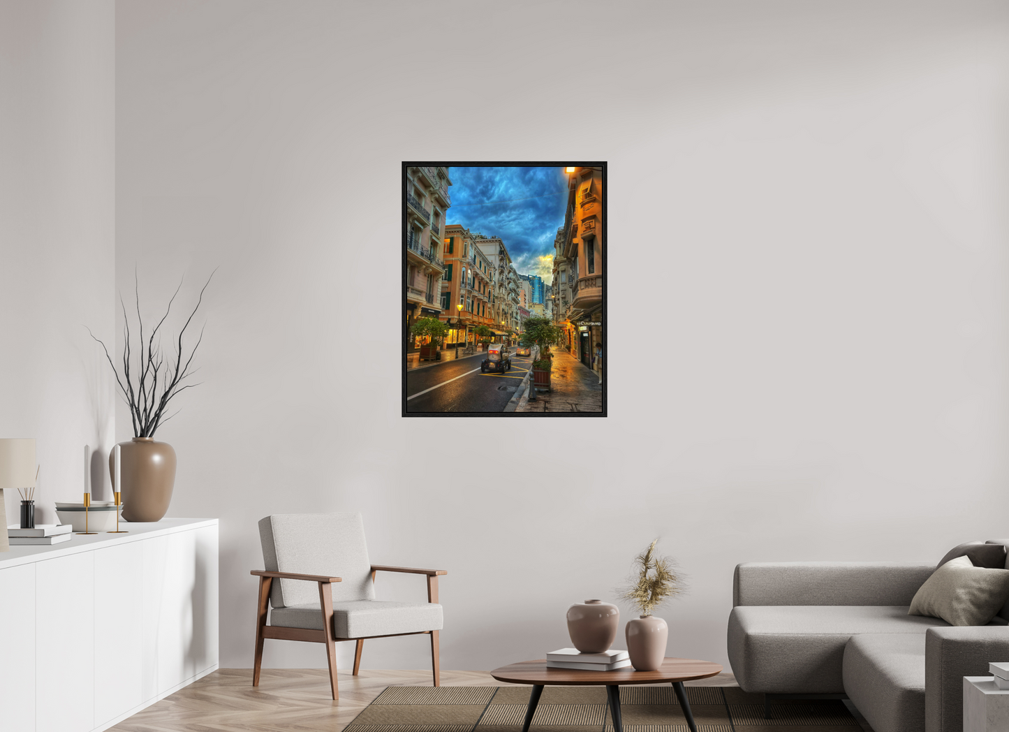 Framed city street photo print under acrylic glass with black floater frame, sunset reflections