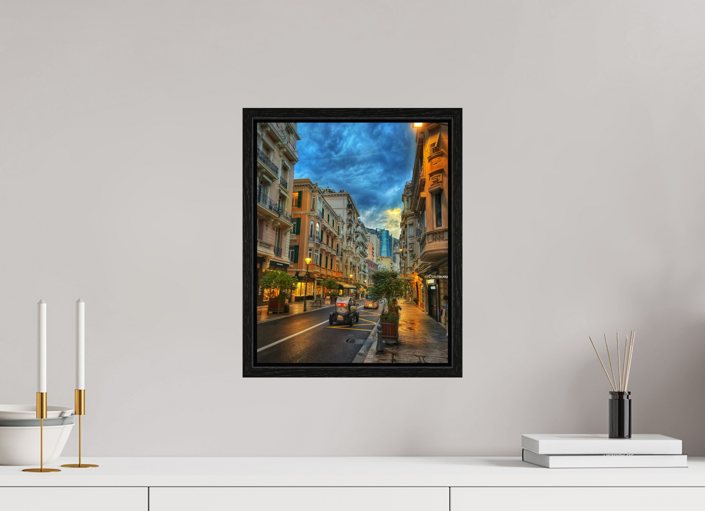 Black floater framed city street photo print under acrylic glass, warm street lights