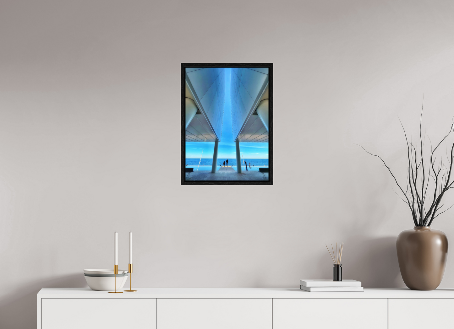 Mareterra framed acrylic photo print with blue ocean view and modern column openings