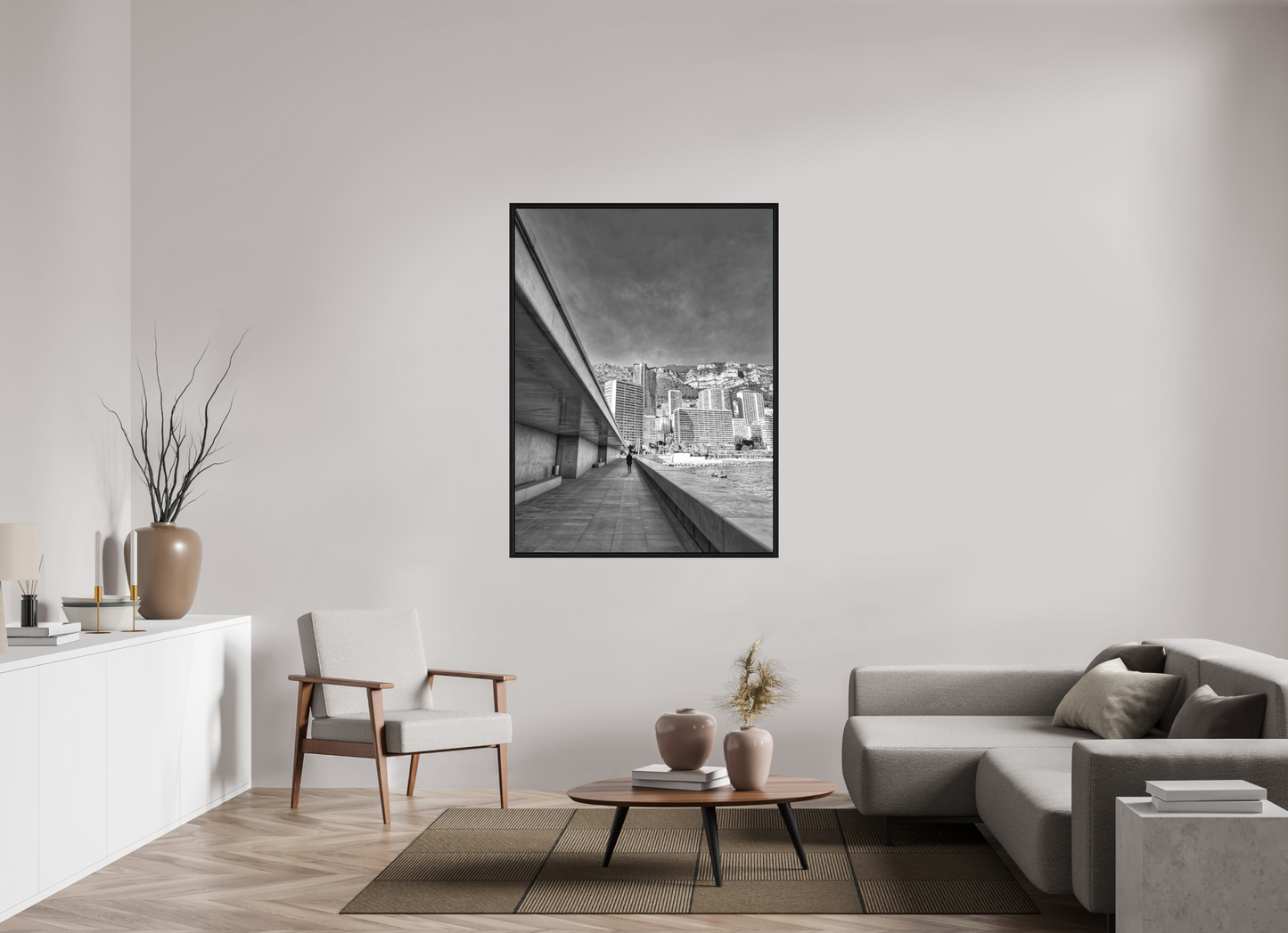 Black-framed monochrome city walkway photo print with reflective glass
