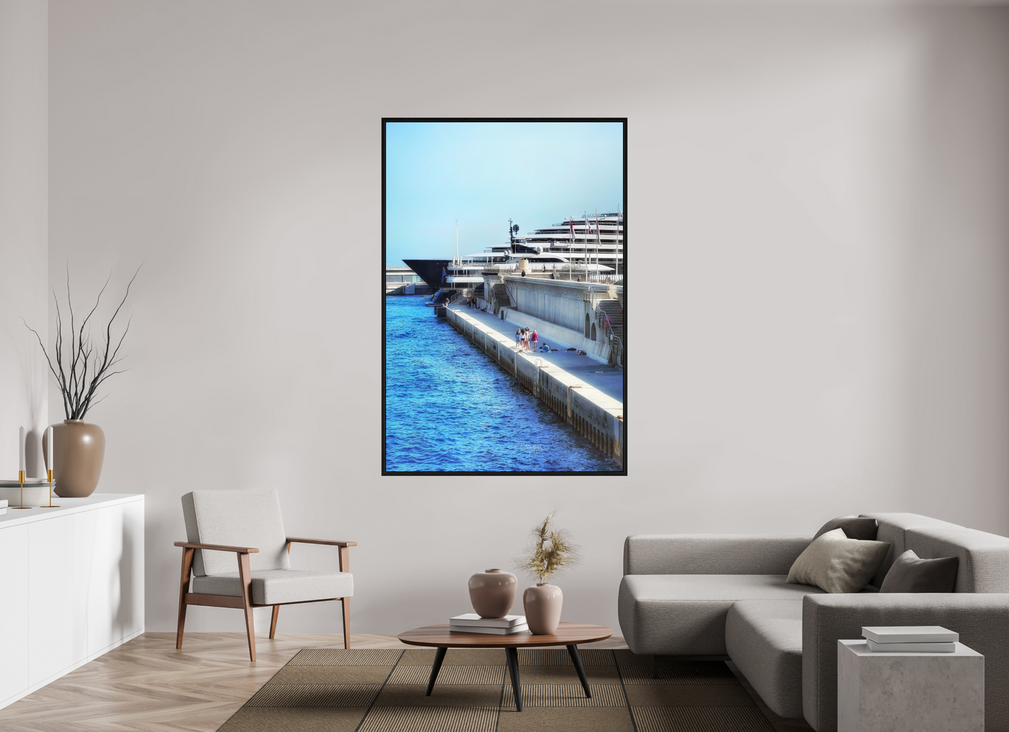 Blue harbor photo print in black floater frame under acrylic glass