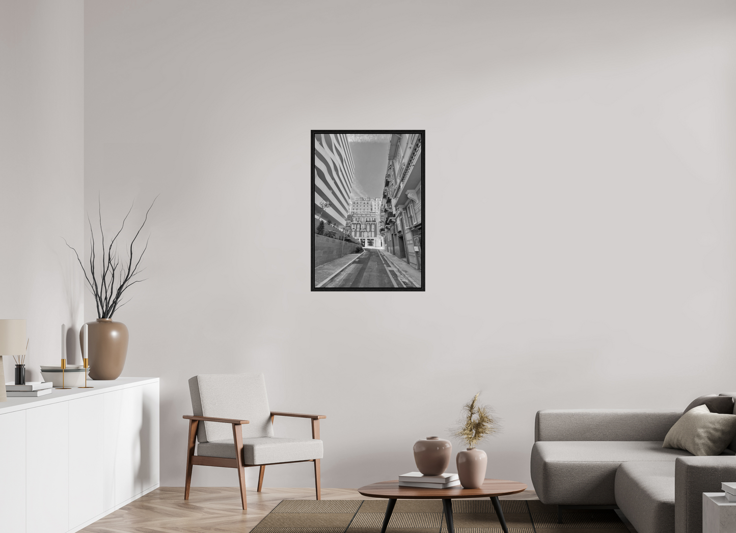 Framed black-and-white alley street photo print with city buildings and perspective lines