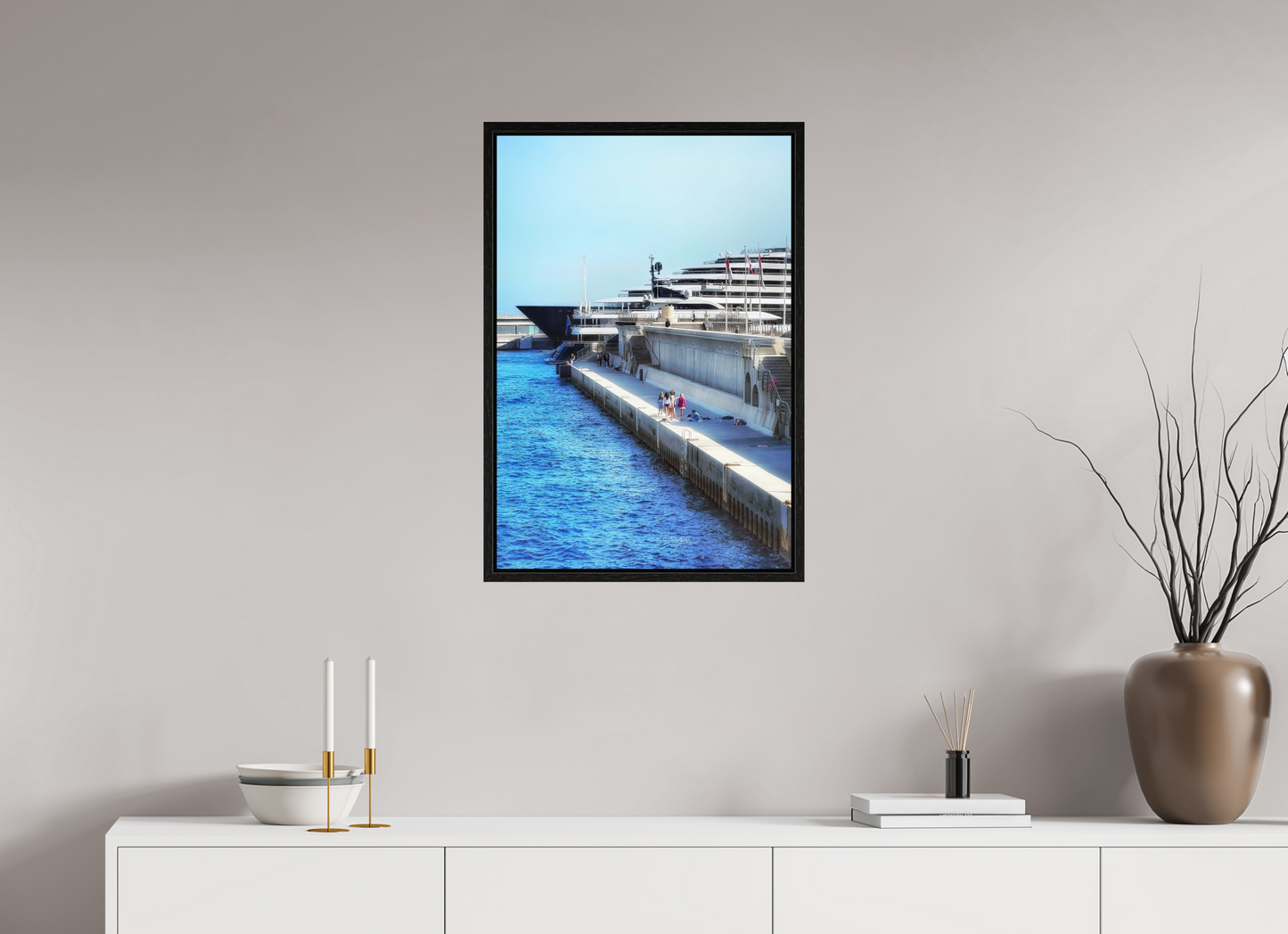 Framed harbor print under acrylic glass, blue canal and docked cruise ship, dark frame.