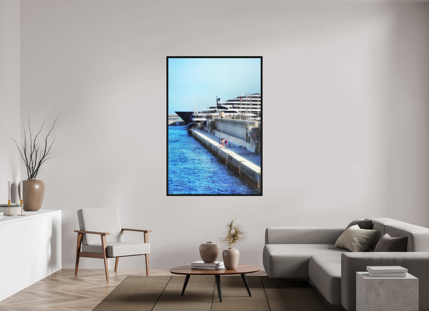 Framed harbor photo under acrylic glass, blue waterway and cruise dock, black floater frame.