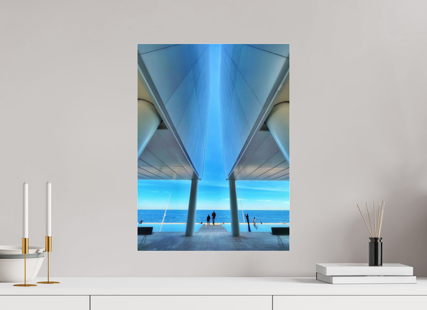 Framed acrylic-glass wall print featuring a blue tunnel-like view of columns
