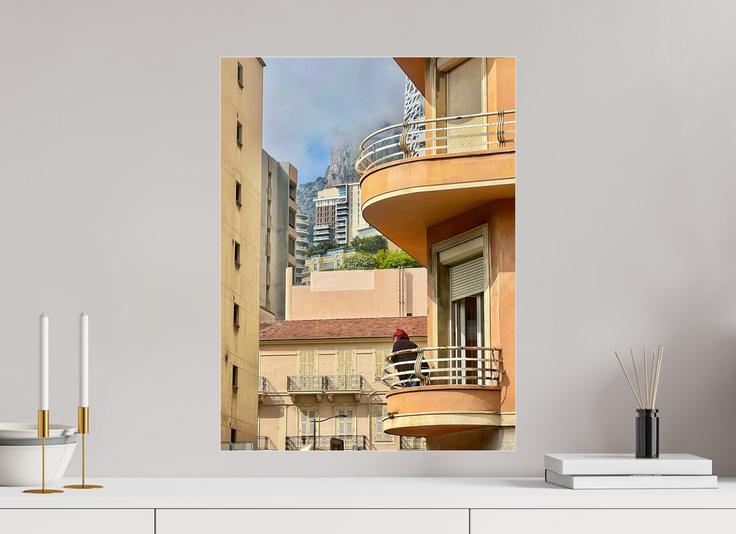 Wood floater frame acrylic glass photo print, close view of balcony and windows