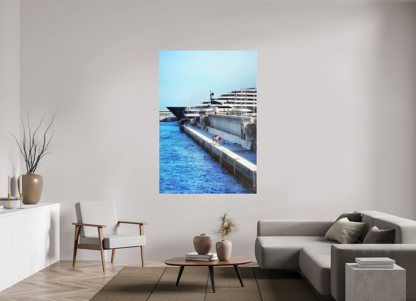 Framed harbor photo under acrylic glass, blue water and cruise dock, black floater frame.