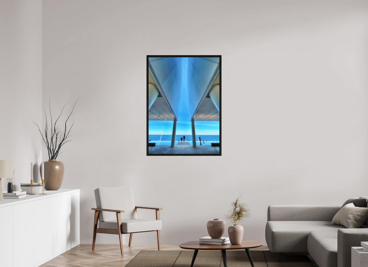 Mareterra framed acrylic photo print with blue architectural perspective over the sea