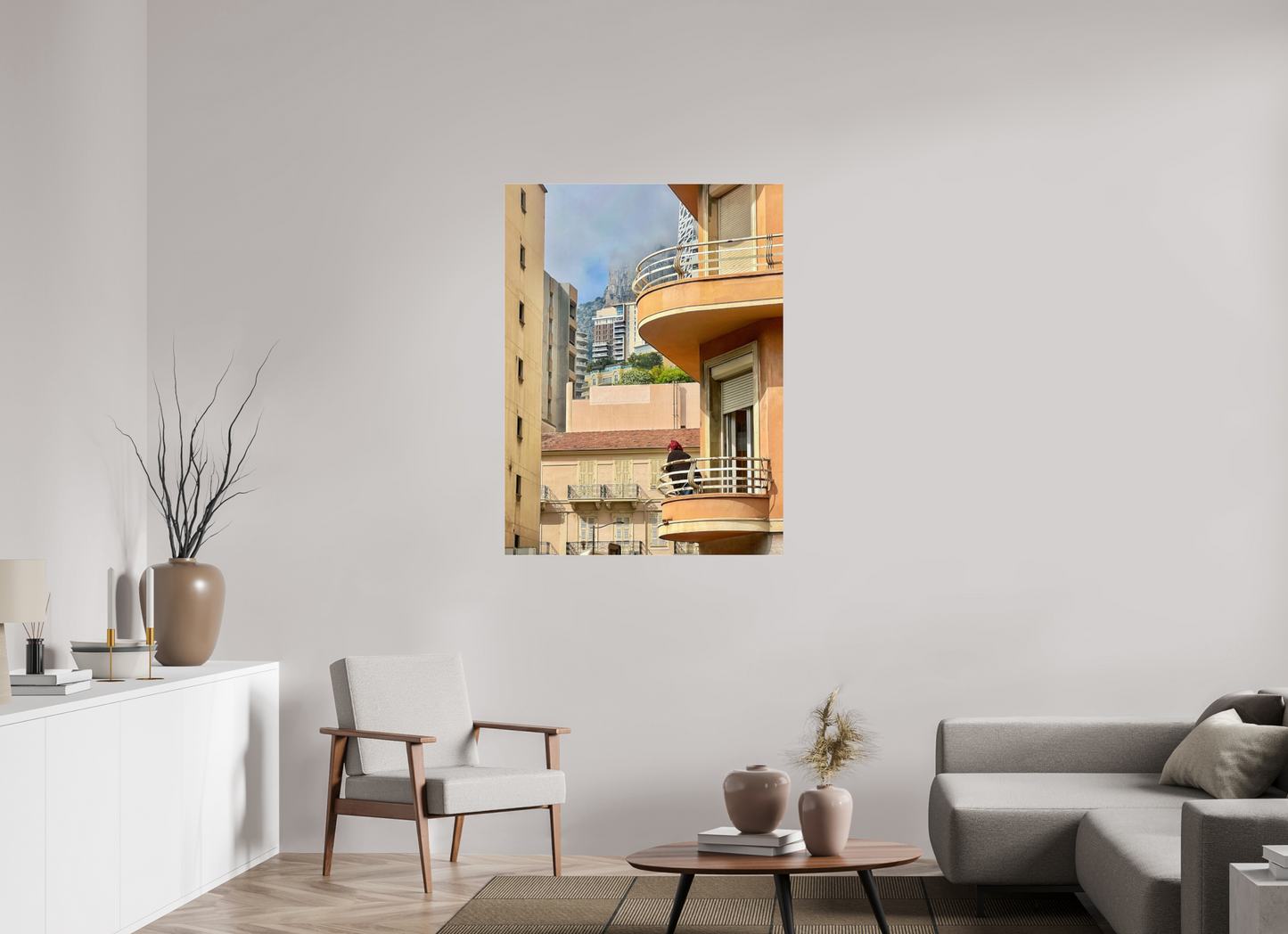 Wood floater frame acrylic glass photo print with balcony railings and small figure