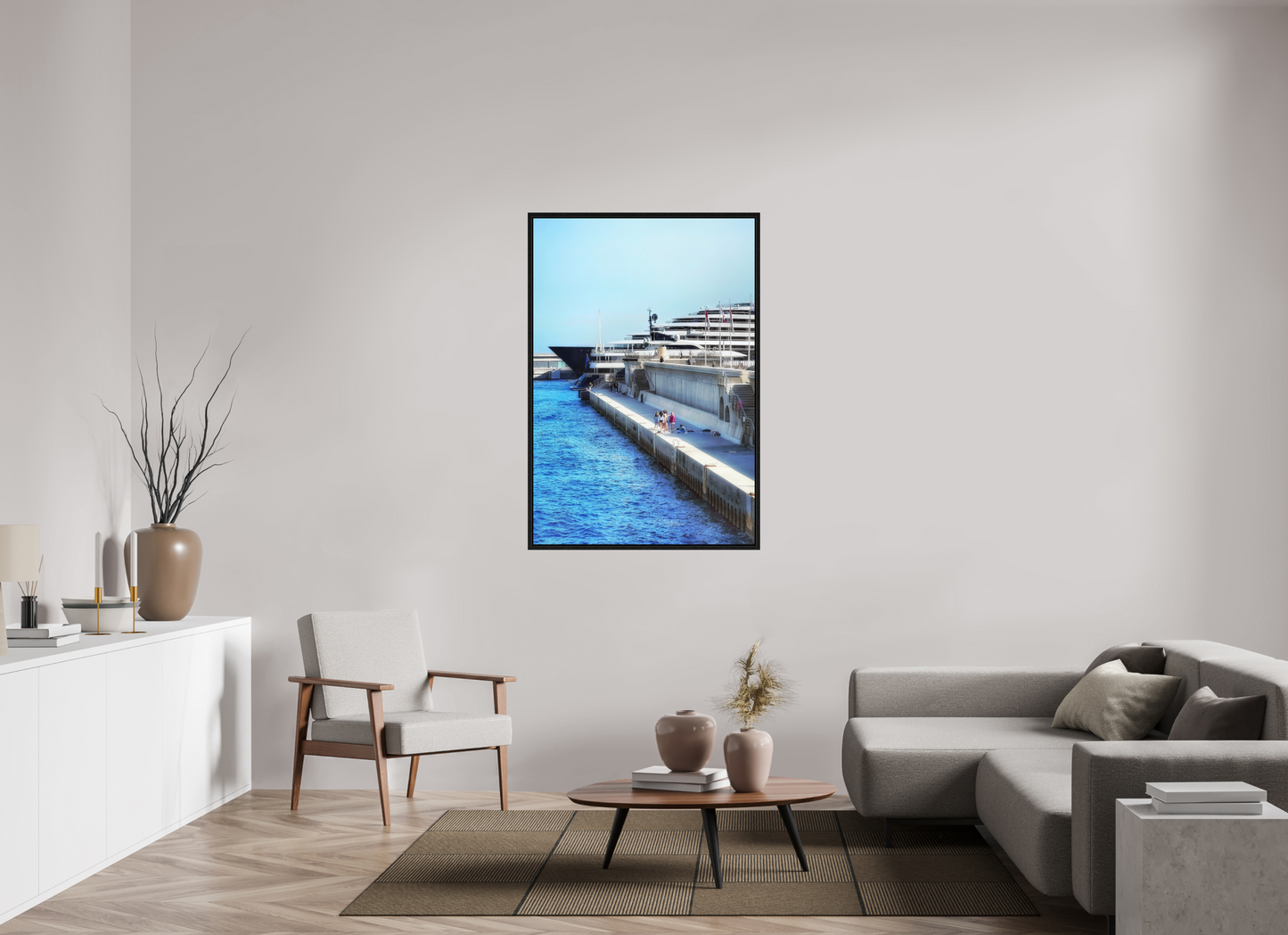Framed harbor photo under acrylic glass, blue water and docked cruise ship, dark frame.