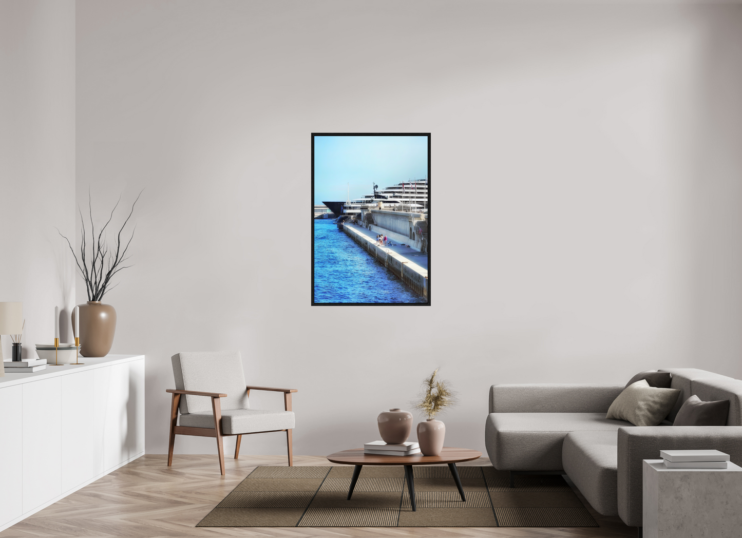 Framed harbor photo under acrylic glass, blue canal beside cruise ship, dark frame.