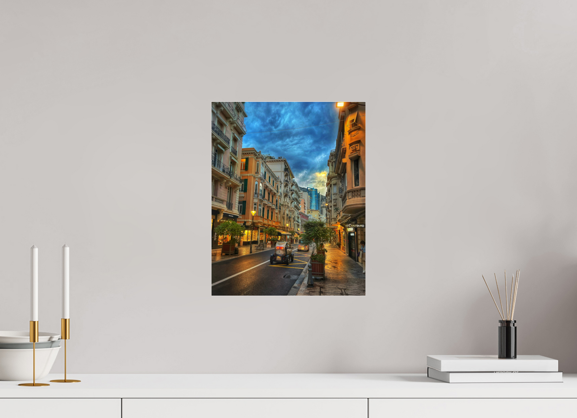 Wall-mounted city street photo in acrylic glass floater frame, street with warm lights