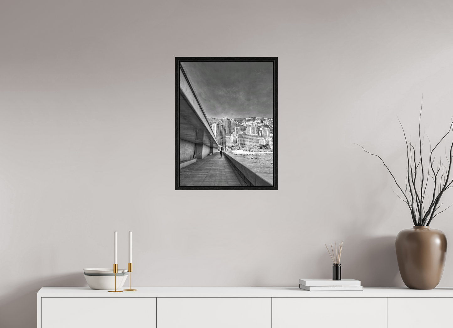 Black-framed monochrome city walkway photo print, rectangular wall art