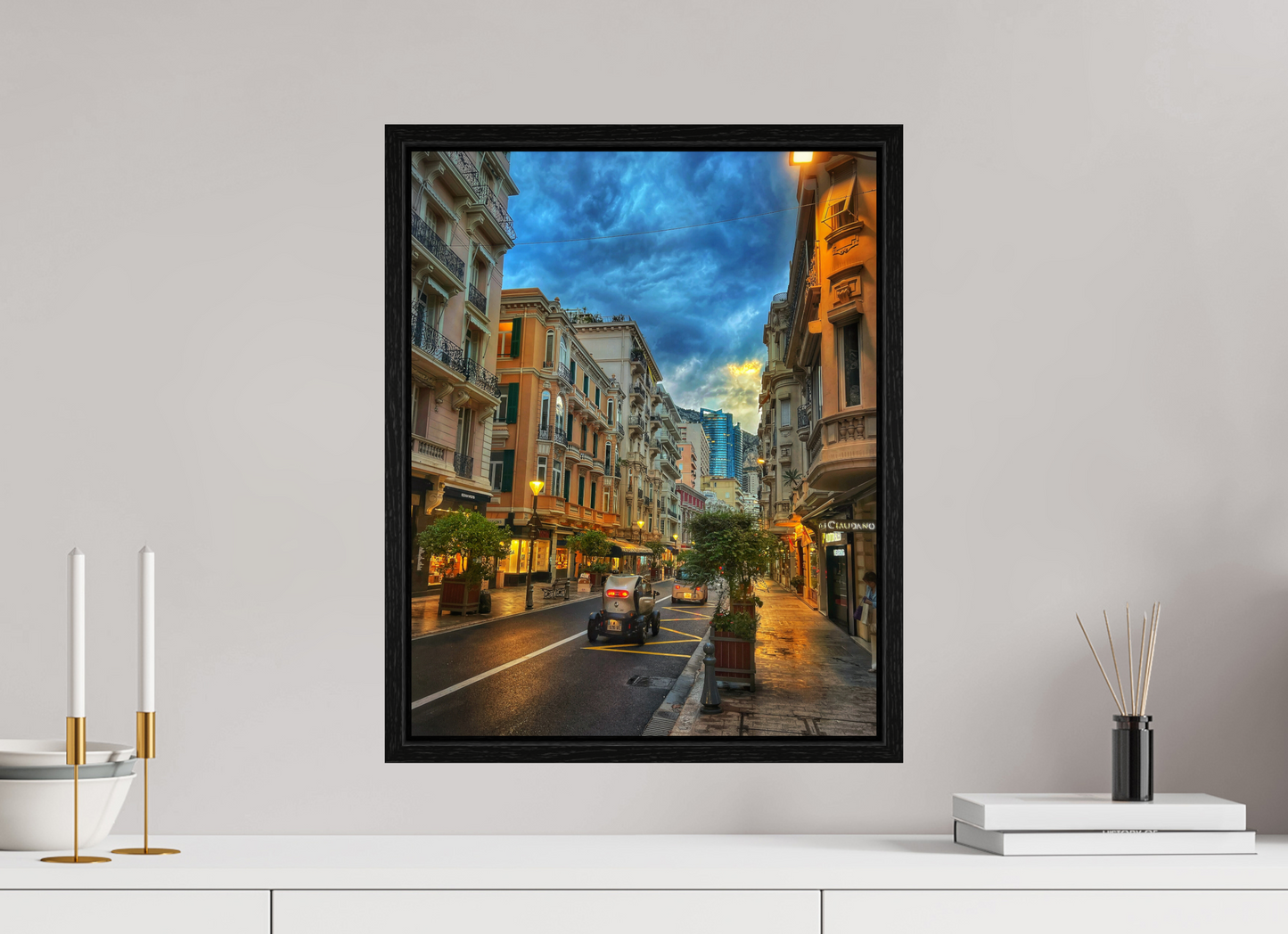Black floater framed city street photo print under acrylic glass, vivid buildings and road