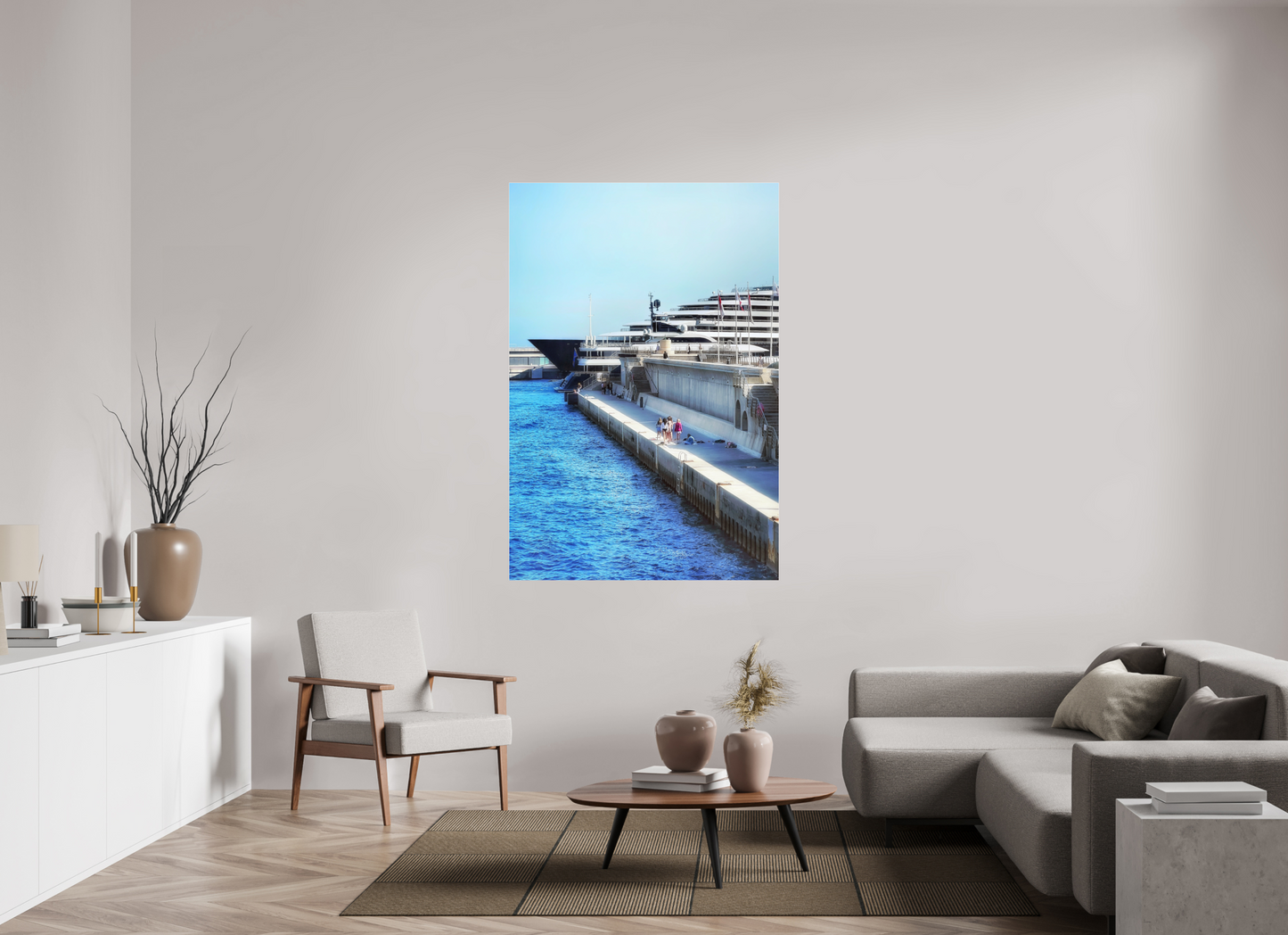 Framed vertical photo print with blue water and cruise ship dockside decks