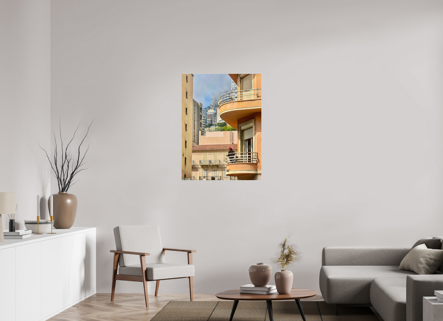 Wood floater frame acrylic glass photo print of curved balcony and tall buildings