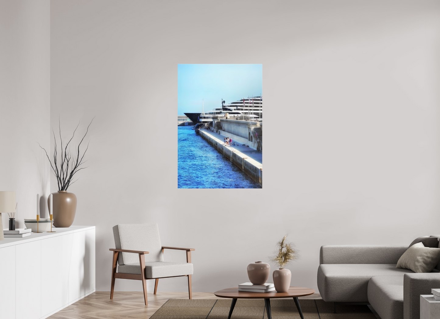 Framed vertical photo print showing blue harbor water and ship deck railings