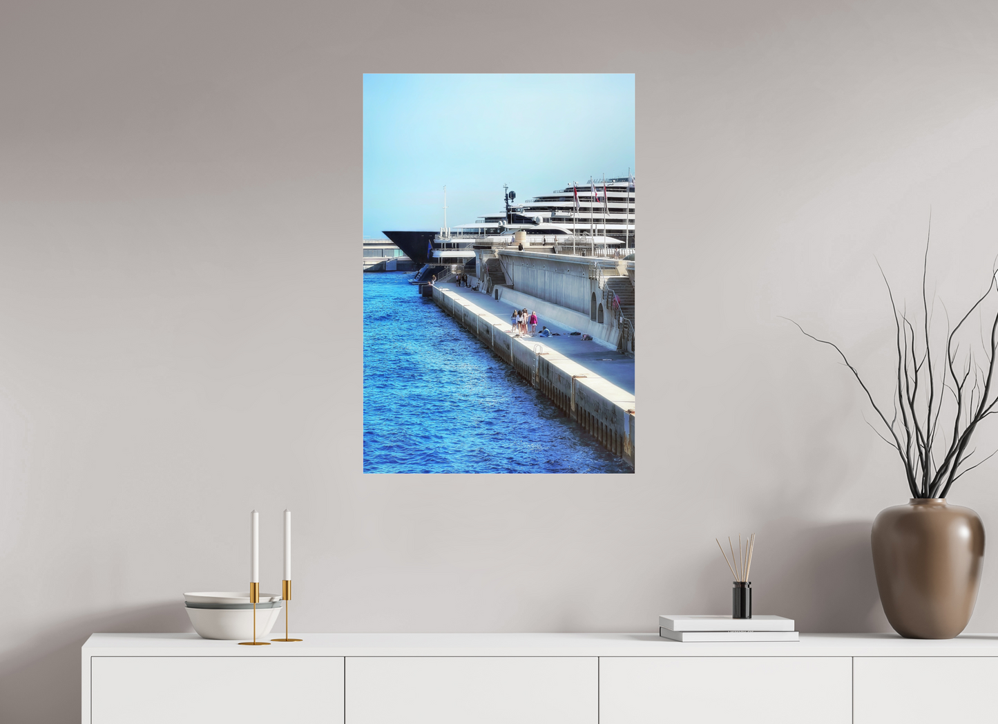 Framed vertical photo print with blue harbor water and dockside buildings