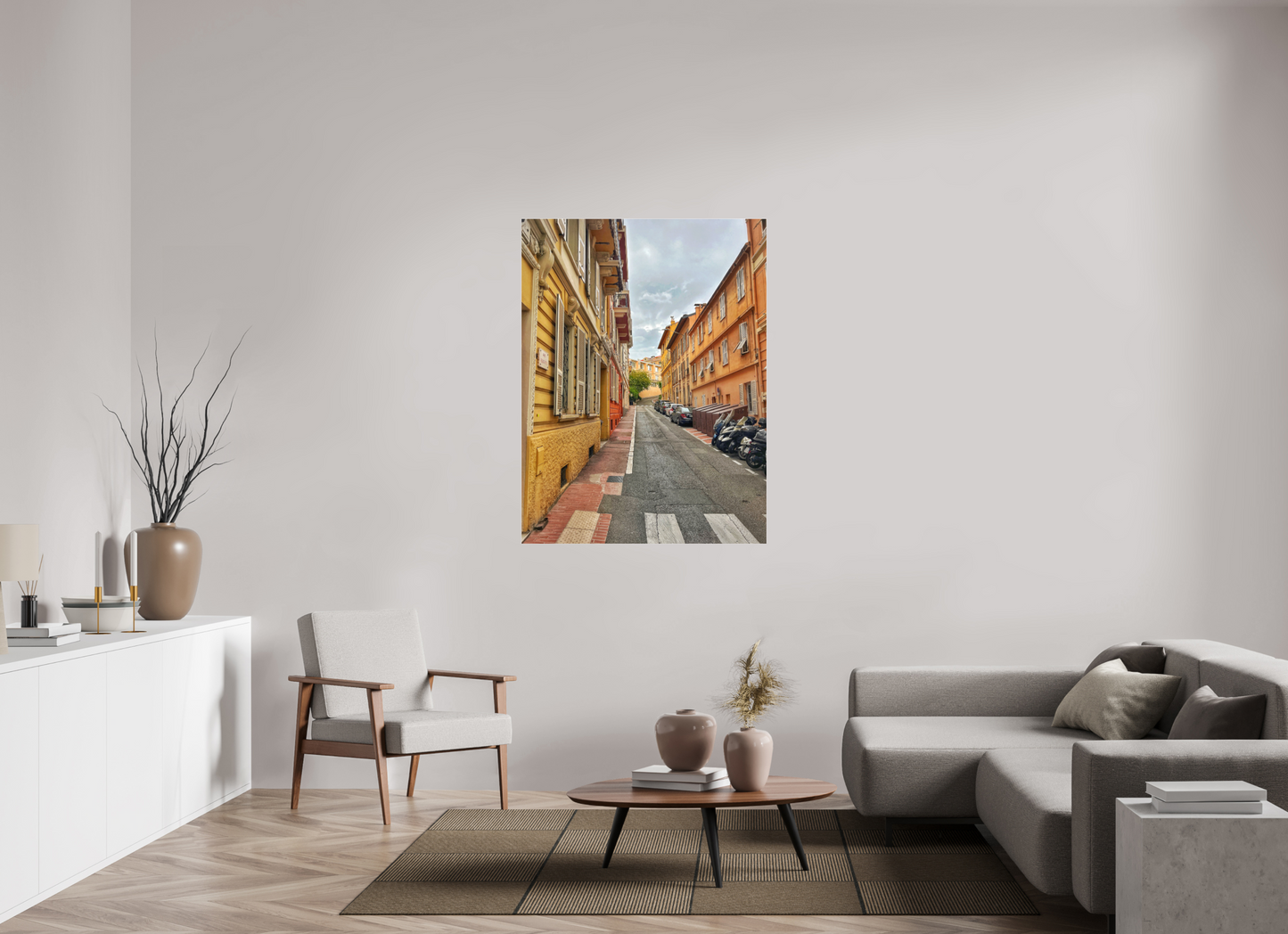 Square street photo print on wall, perspective view down a narrow city street