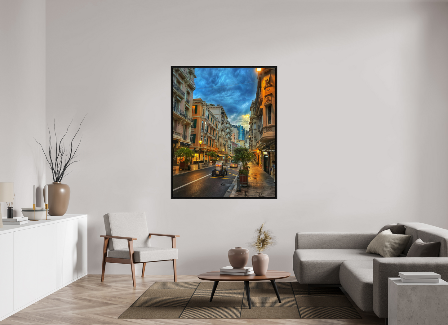Framed evening city alley photo print under acrylic glass with black floater frame
