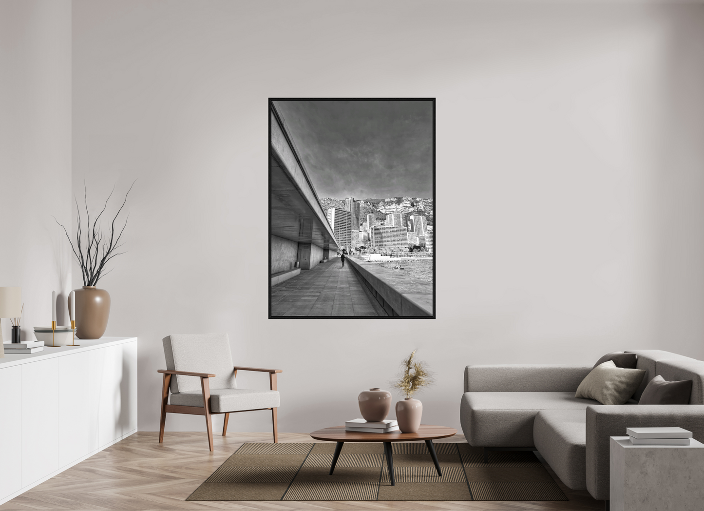Framed black-and-white city walkway photo print with black border
