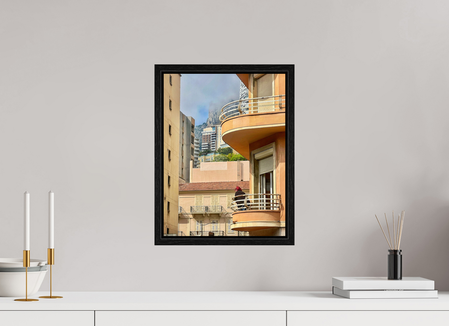 Black floater frame wall art: acrylic-glass city photo with curved balcony building details