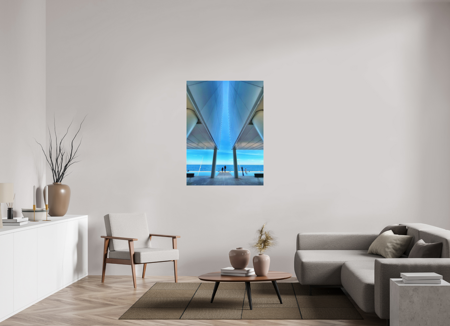 Centered framed blue architectural print under acrylic glass with black floater frame
