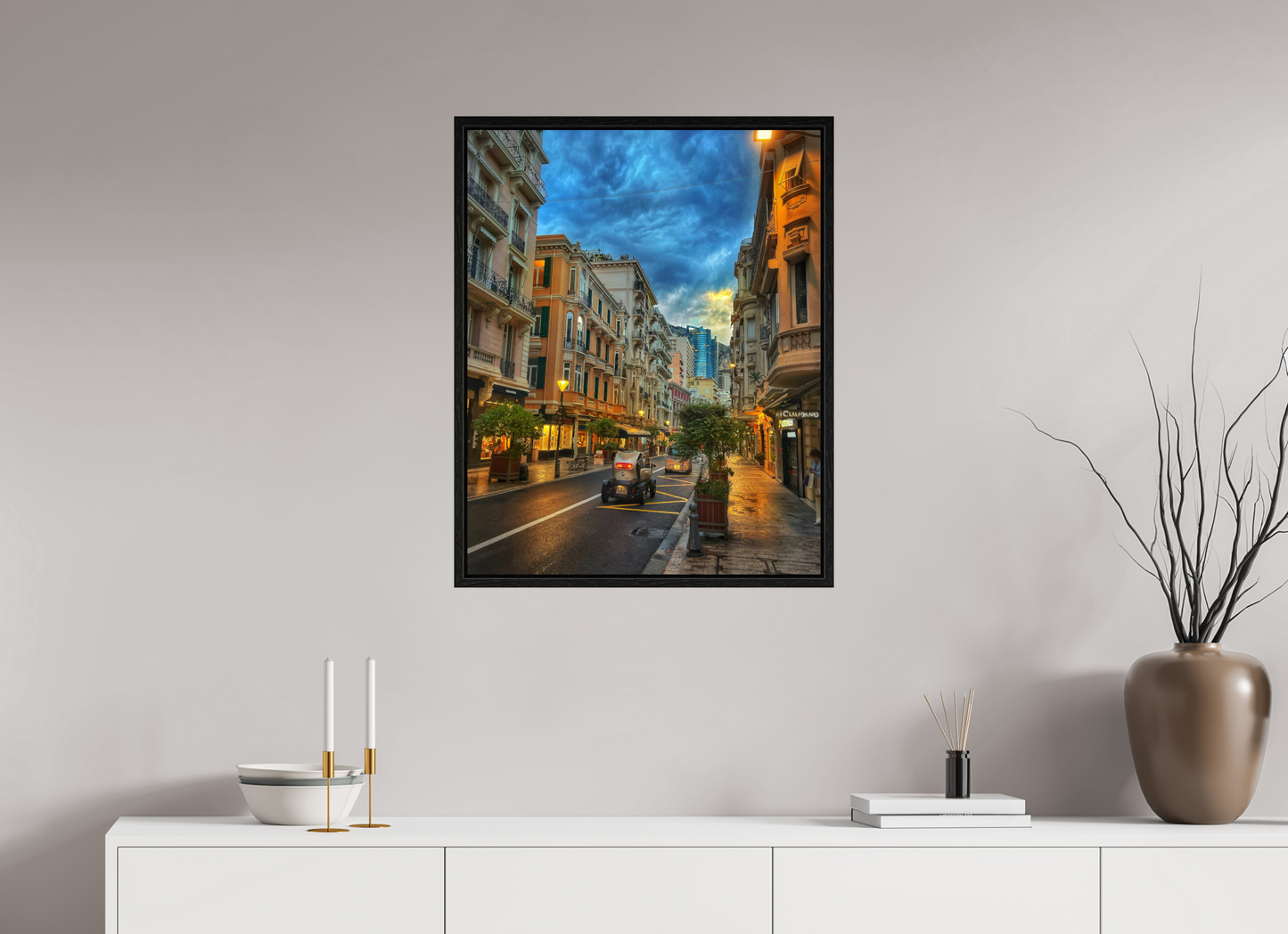 Small black floater framed city street photo print under acrylic glass, blue sky and lights