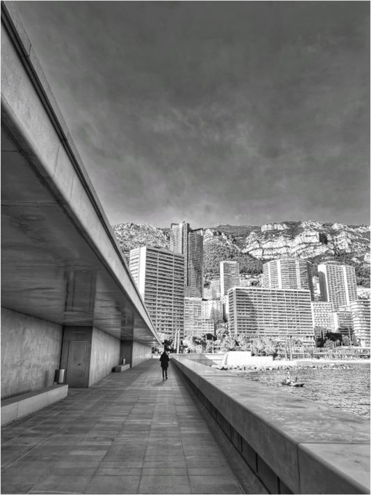 Black-and-white city street photo print with waterfront buildings